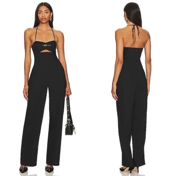 Lovers and Friends NWT Sz XS Charlize Jumpsuit in Black Halterneck Linen Blend - Picture 1 of 7